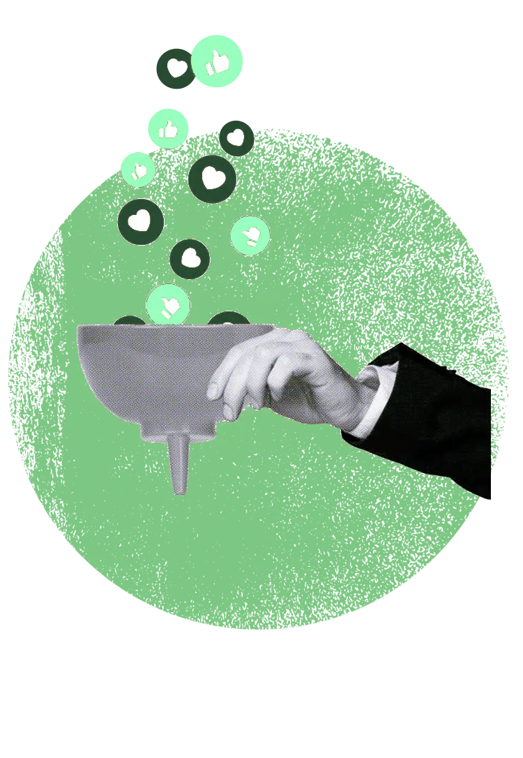 Main tenant un entonnoir où tombent des likes, sur un cercle vert