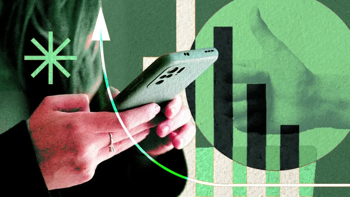 Mains sur un smartphone, flèche de croissance et graphique en barres.