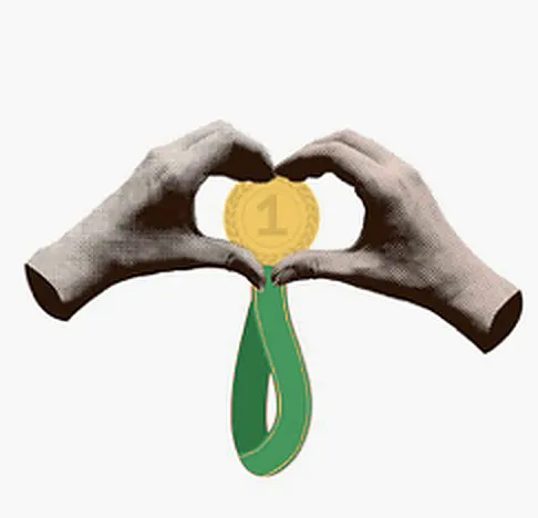 Collage : deux mains forment un cœur autour d’une médaille dorée