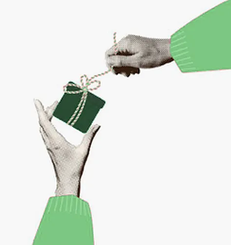 Collage : une main tend un petit cadeau vert suspendu à une ficelle