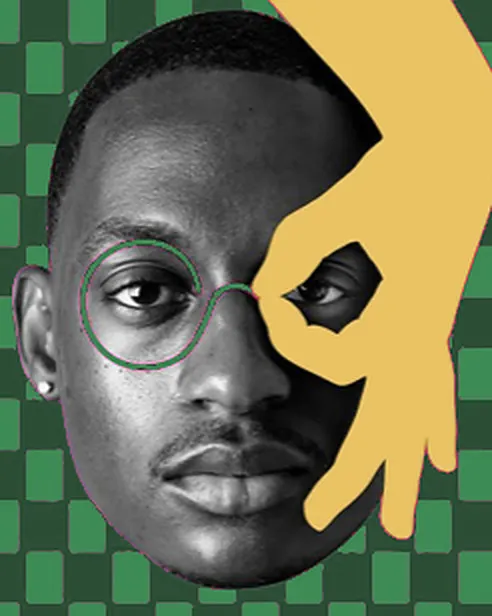 Collage : un homme à lunettes, une main jaune fait le signe OK devant son œil