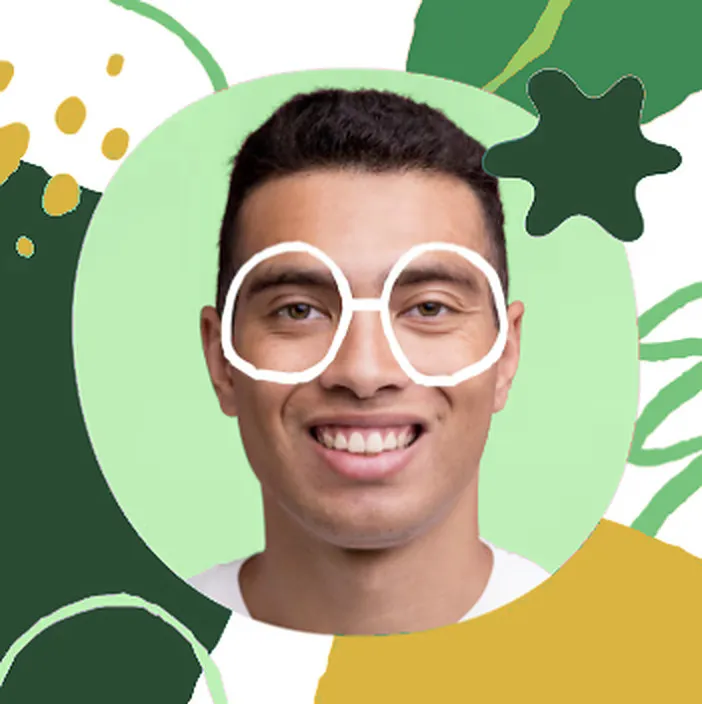 Collage : un homme souriant aux lunettes dessinées, cercle vert pâle et formes vertes et jaunes