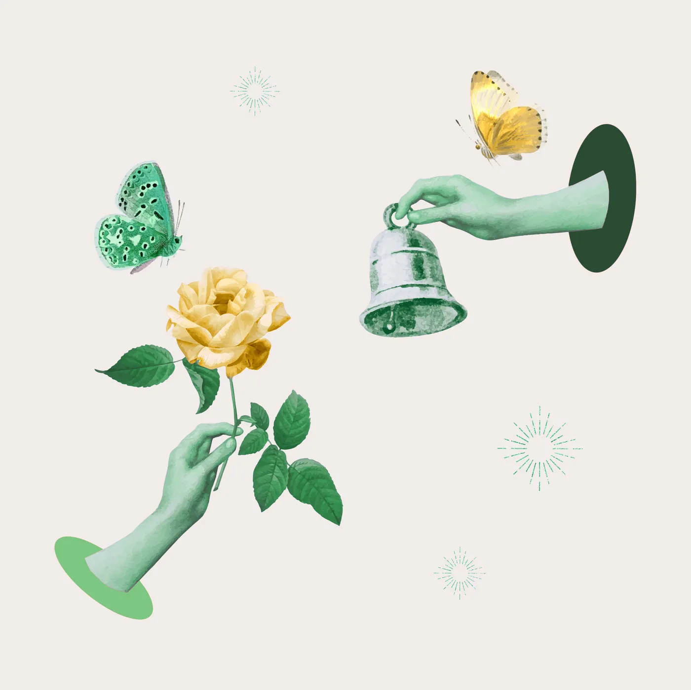 Collage : une main tient une rose jaune, une autre une cloche, des papillons et des ovales verts