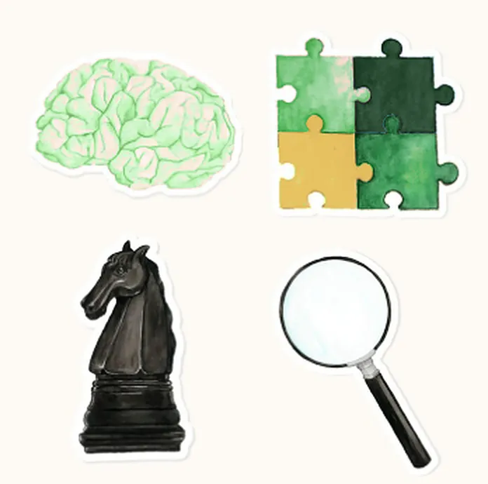 Collage : un cerveau vert pâle, un puzzle vert et jaune, un cavalier d’échecs et une loupe