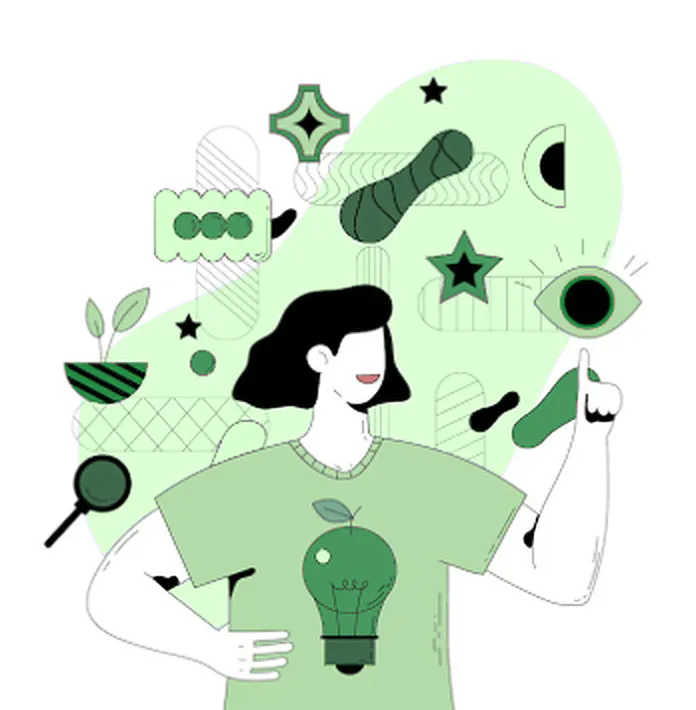 Illustration : une femme au t-shirt à l’ampoule verte, entourée de formes vertes