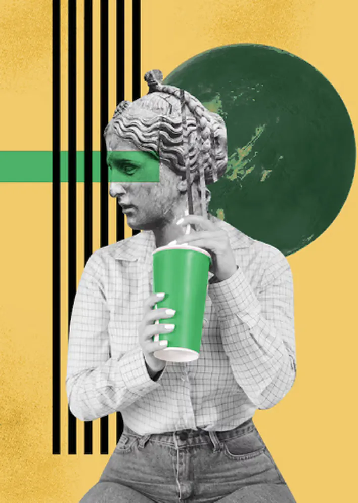 Collage : une statue antique tient un gobelet vert, planète vert foncé sur fond jaune