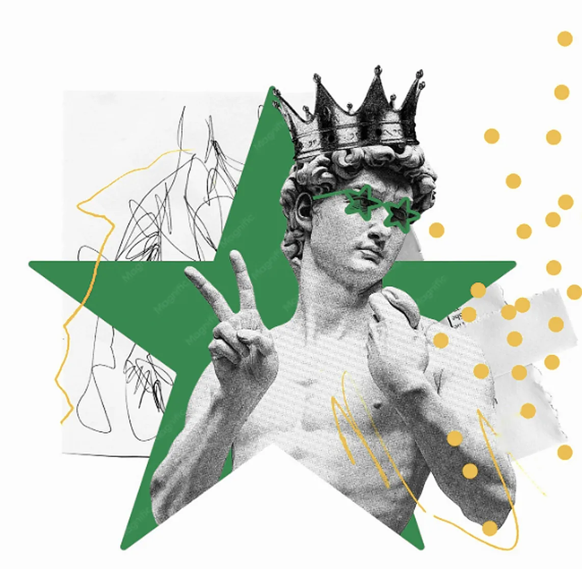 Collage : une statue couronnée fait le V de la victoire sur une étoile verte, points jaunes