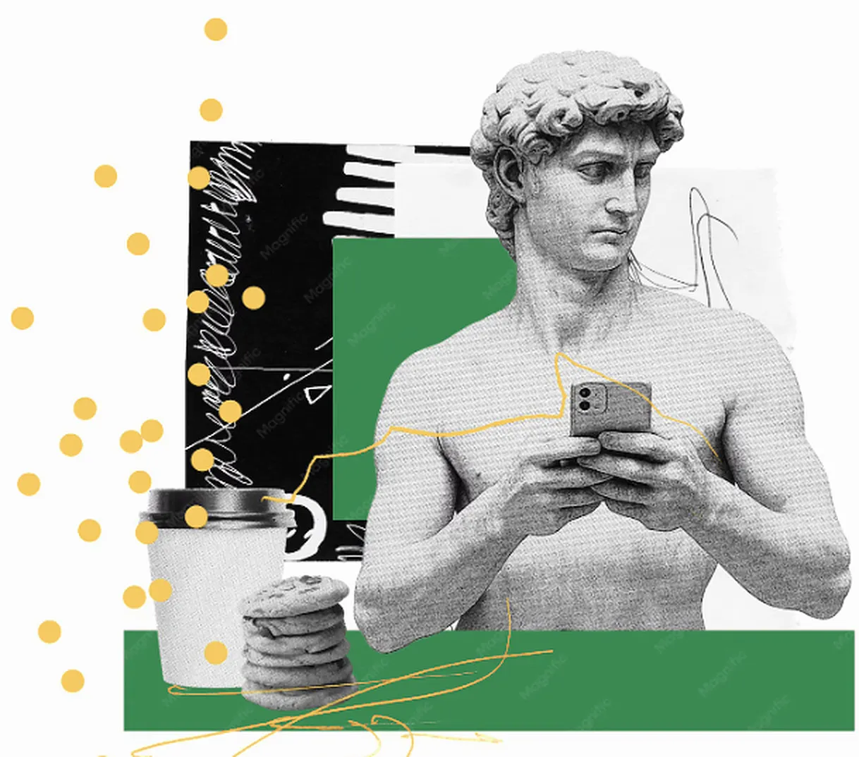 Collage : une statue antique sur son smartphone devant des formes vertes, un café et des cookies
