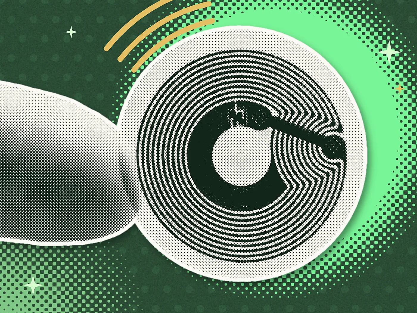 Un tag NFC tenu entre deux doigts, en trame de points découpée façon collage, cercle néon et ondes jaunes sur fond vert foncé