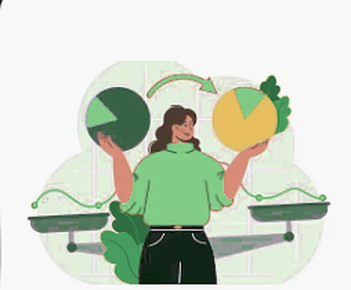 Illustration : une femme en pull vert compare deux camemberts, vert et jaune, au-dessus d’une balance