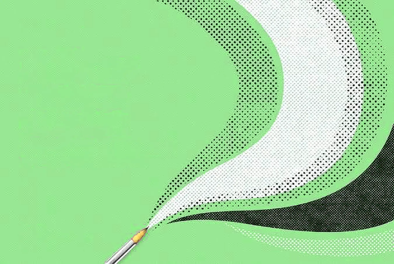 Des vagues de trame de points noires et blanches sortent d’un pinceau, sur fond vert