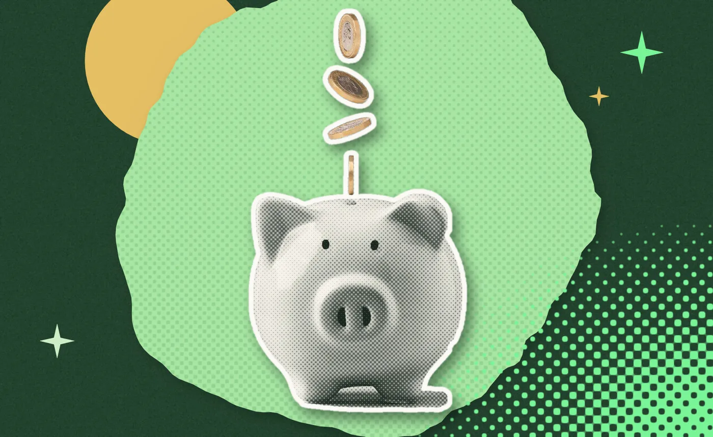 Une tirelire cochon et des pièces dorées qui tombent, en trame de points sur un collage vert