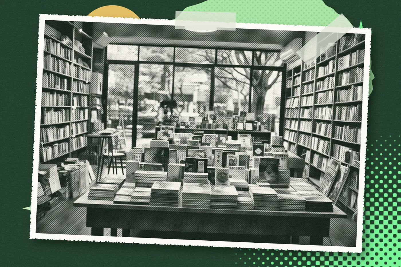 Une librairie en trame de points noire et blanche, collée au scotch sur un fond vert