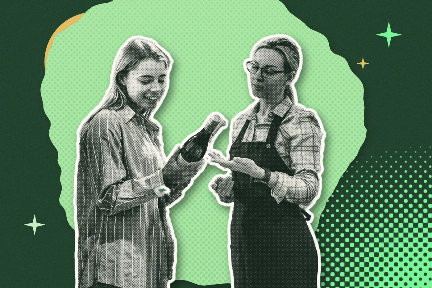 Une caviste conseille une cliente sur une bouteille, découpées en trame de points sur un collage vert