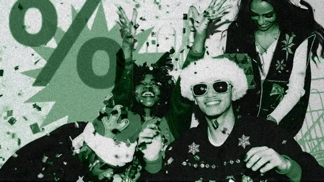 Amis faisant la fête sous les confettis, signe pourcentage vert foncé