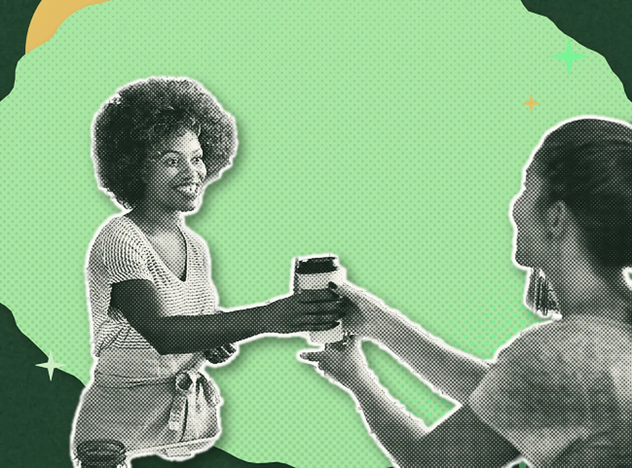 Collage en trame : au comptoir, une barista tend un café à une cliente