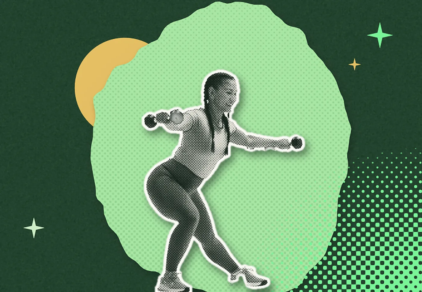 Collage en trame : une sportive en fente, haltères en main