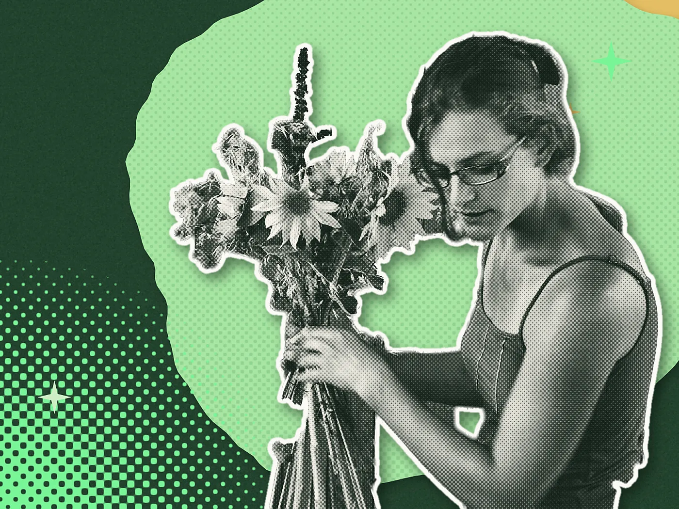 Collage en trame : une fleuriste compose un bouquet