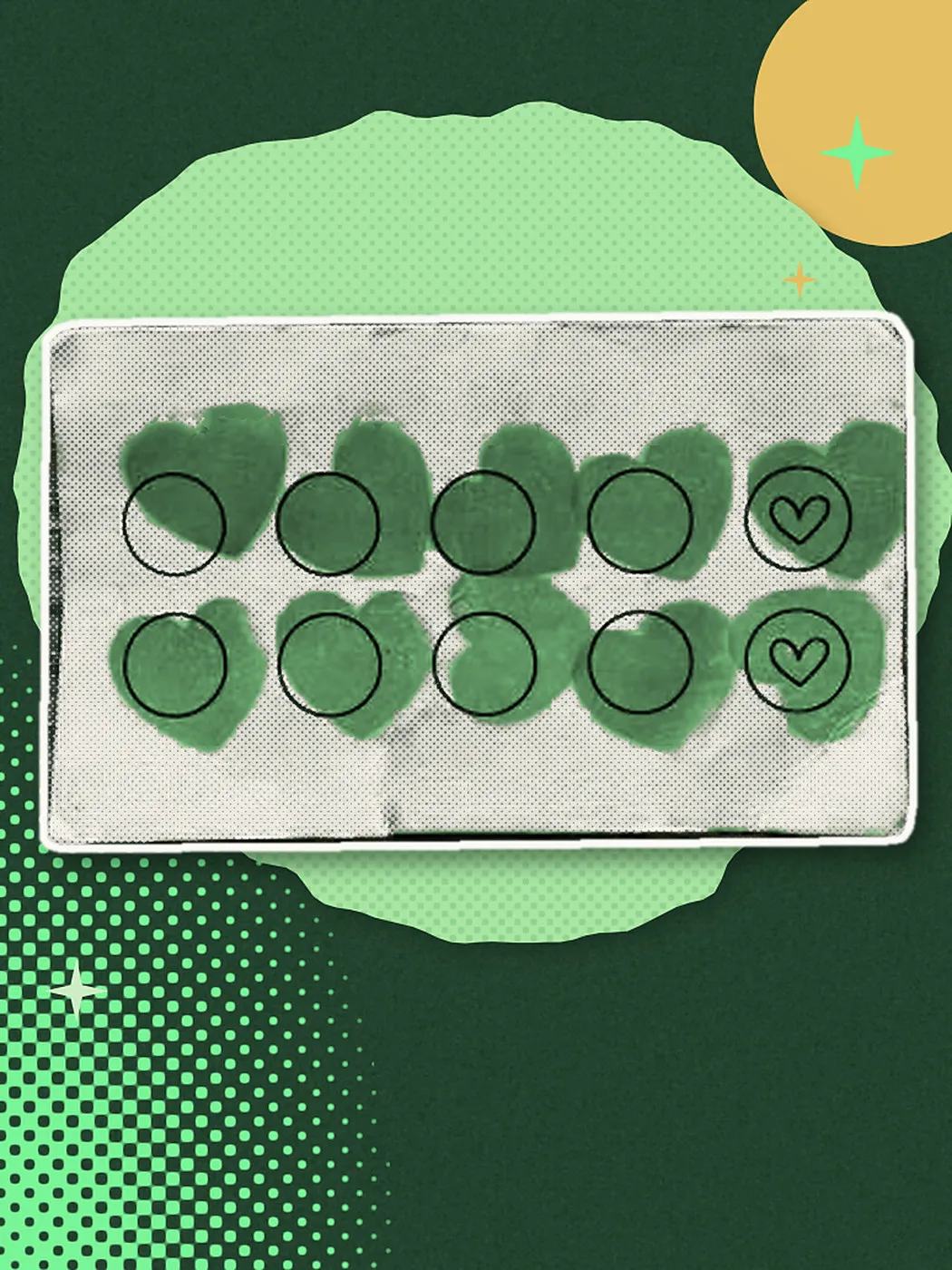 Collage en trame : une carte à tampons papier, dix cases tamponnées de vert, deux cœurs