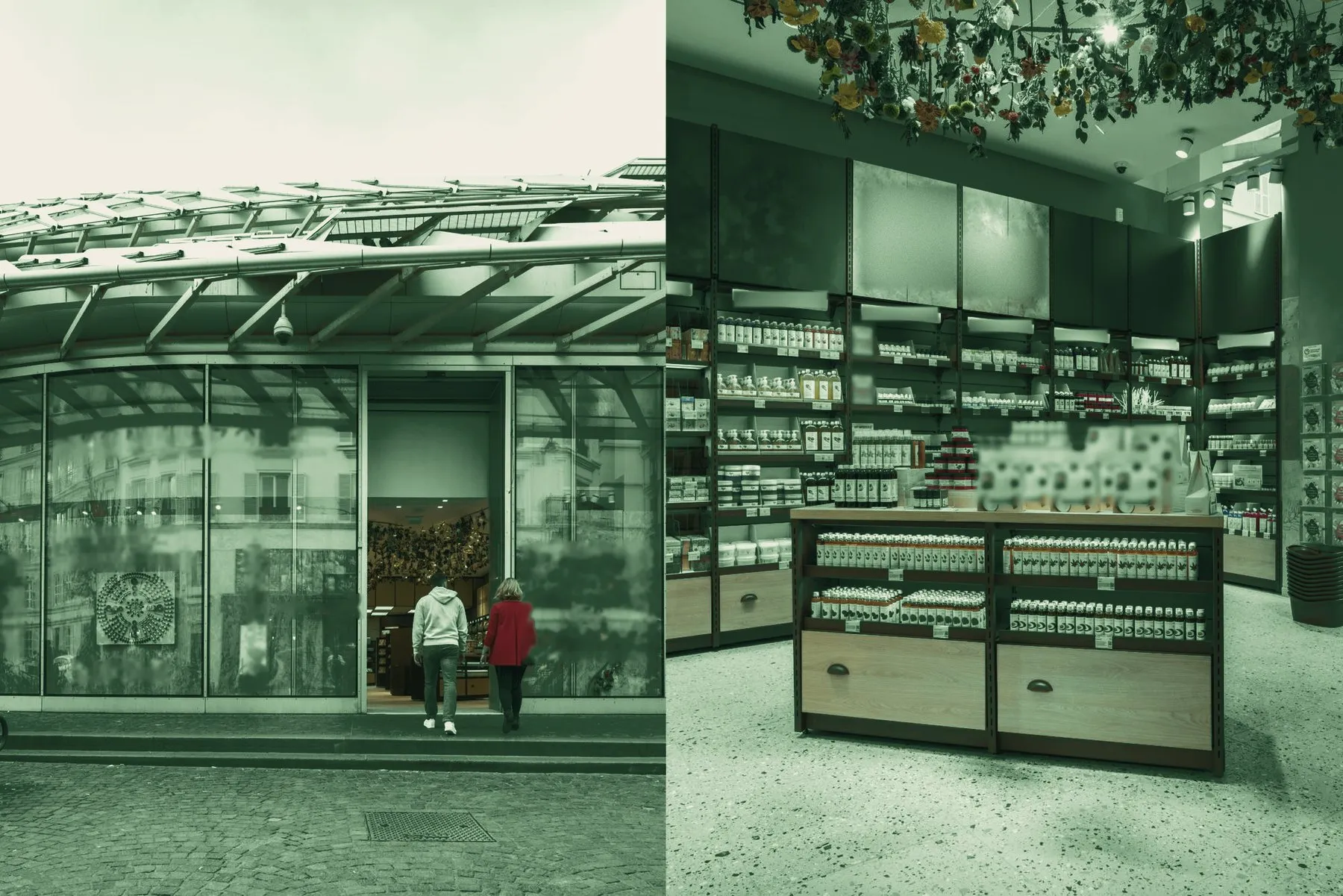 Façade vitrée et intérieur d’une boutique de cosmétiques, en tons verts