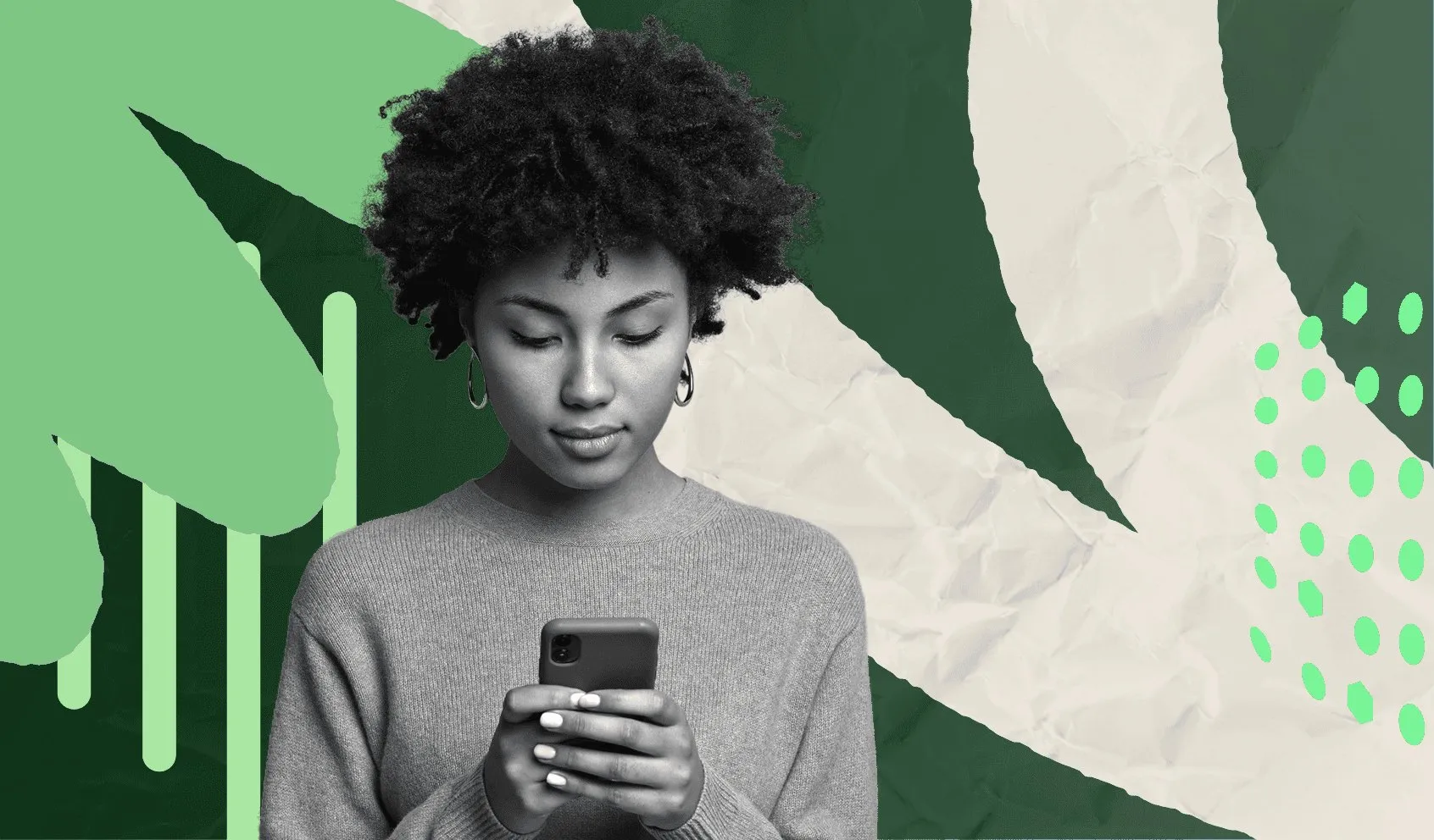 Woman in black and white on her smartphone, collage of green shapes and cream paper