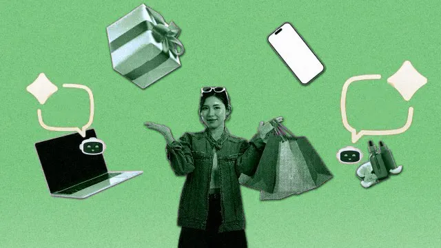 Jeune femme avec des sacs de courses, un cadeau, un téléphone et des bulles vides
