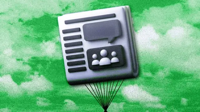 Icône de journal suspendue à des fils comme un ballon, ciel vert