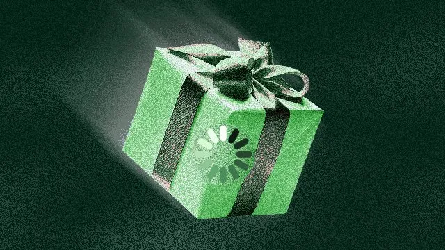 Paquet cadeau vert filant sur fond vert foncé, avec une icône de chargement