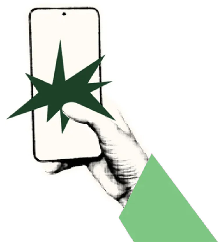 Collage : une main tient un smartphone d’où jaillit une étoile verte
