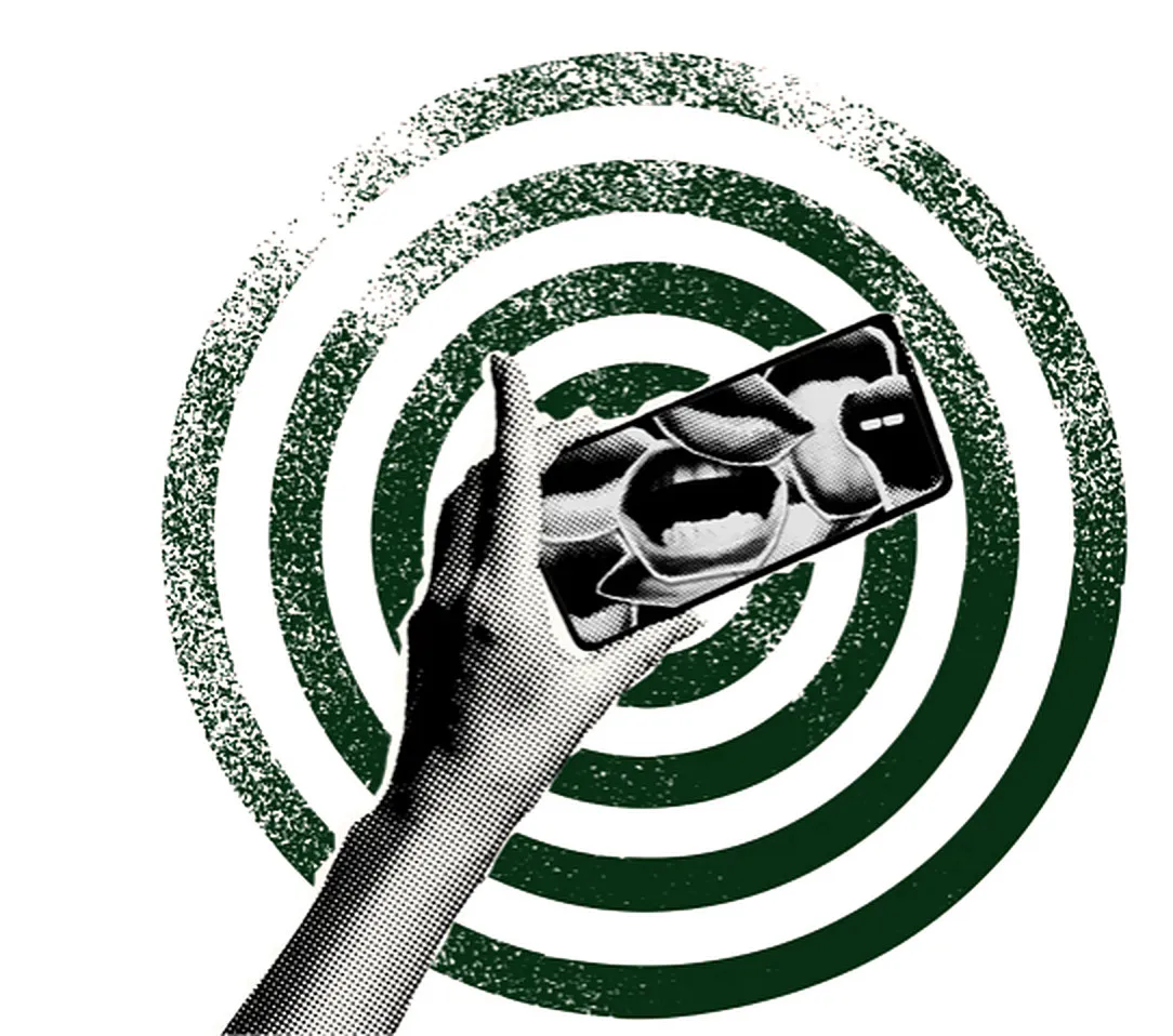 Collage : une main tend un smartphone au centre d’ondes concentriques vertes