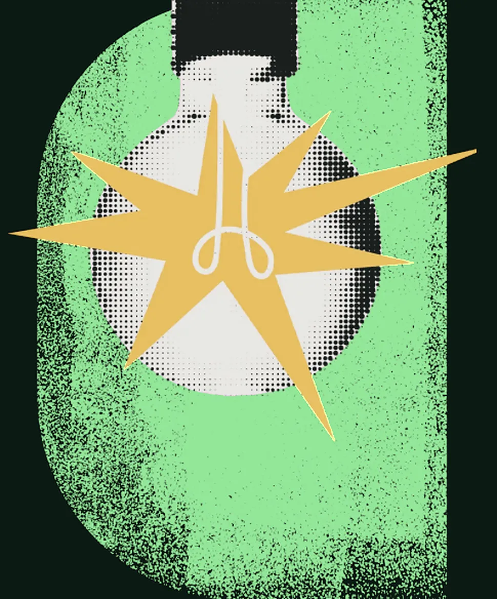 Collage : une ampoule et une étoile jaune sur fond vert nuit
