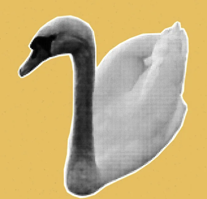 Collage : un cygne en trame de points sur fond jaune
