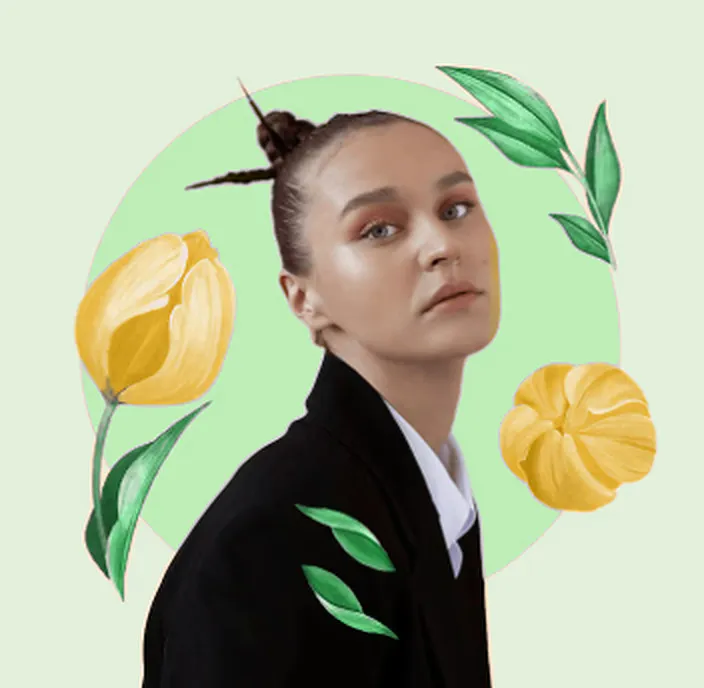 Collage : une jeune femme entourée de tulipes jaunes et de feuilles