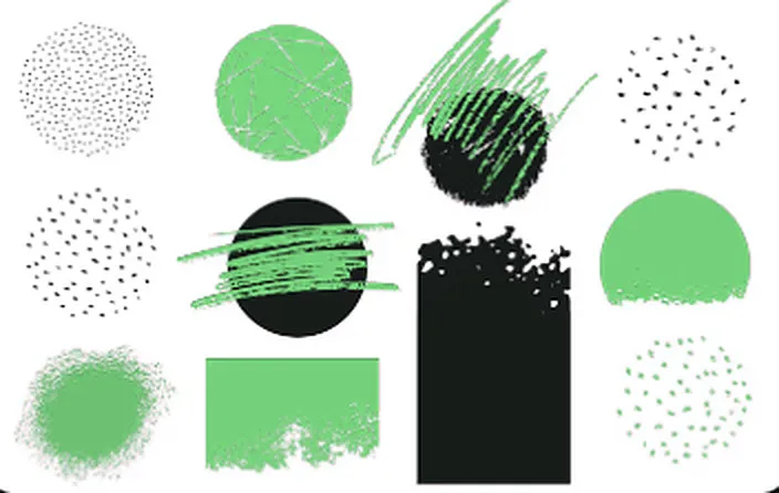 Planche de textures : points, cercles et aplats verts et noirs