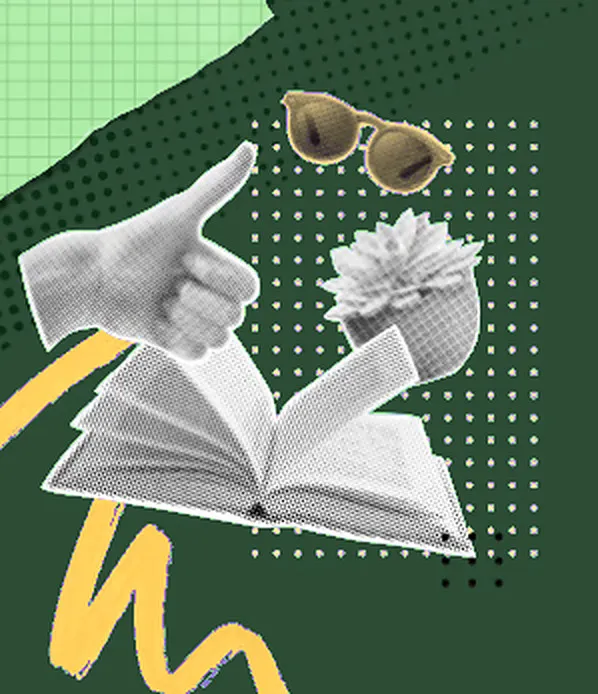 Collage : un livre ouvert, un pouce levé, des lunettes de soleil et une fleur