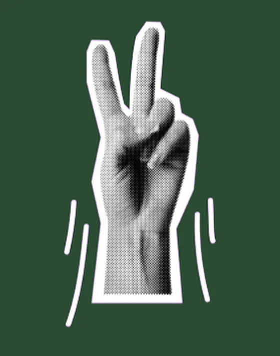 Collage : une main fait le signe de la victoire sur fond vert