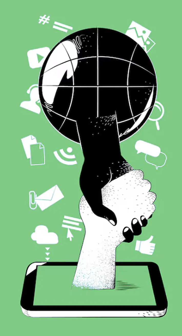 Collage : une main sort d’un smartphone et tient un globe, entourée d’icônes