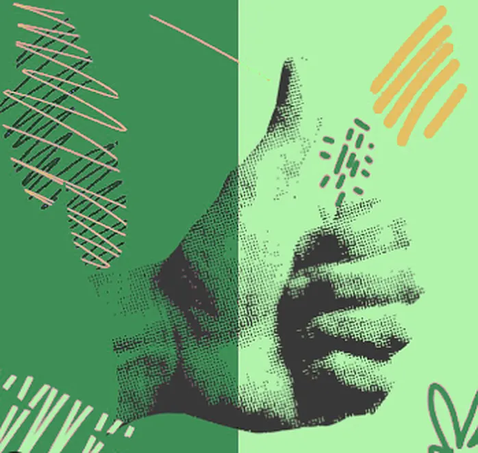 Collage : un grand pouce levé en trame de points, rayures vertes et jaunes