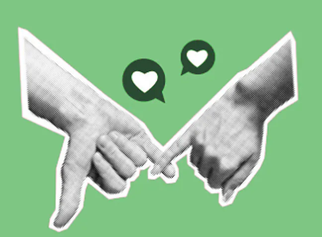 Collage : deux mains se tiennent par le petit doigt, deux cœurs au-dessus