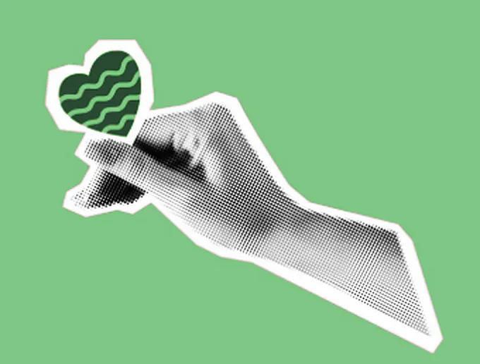 Collage : une main tient un cœur vert