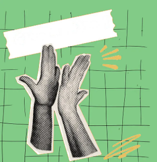 Collage : deux mains qui se tapent dans la main sur une grille verte