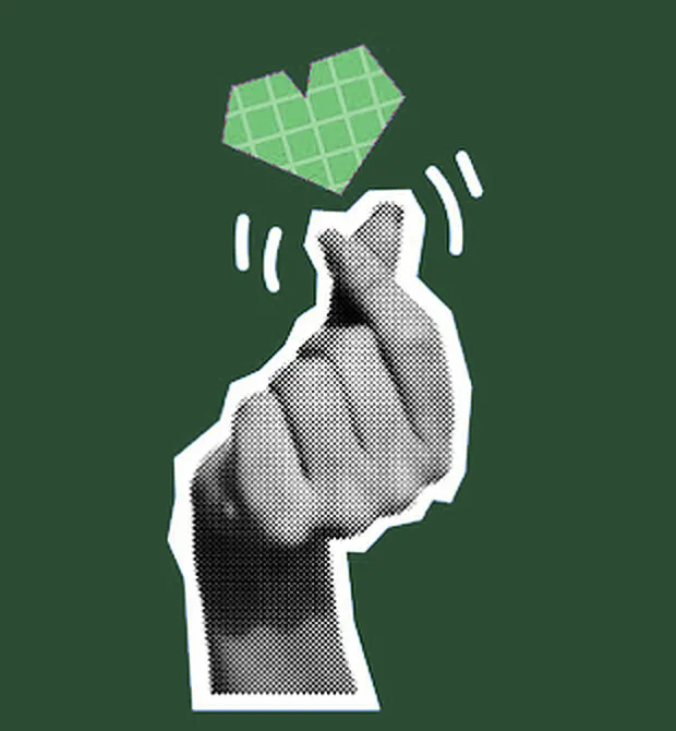 Collage : une main forme un petit cœur avec les doigts, un cœur vert au-dessus