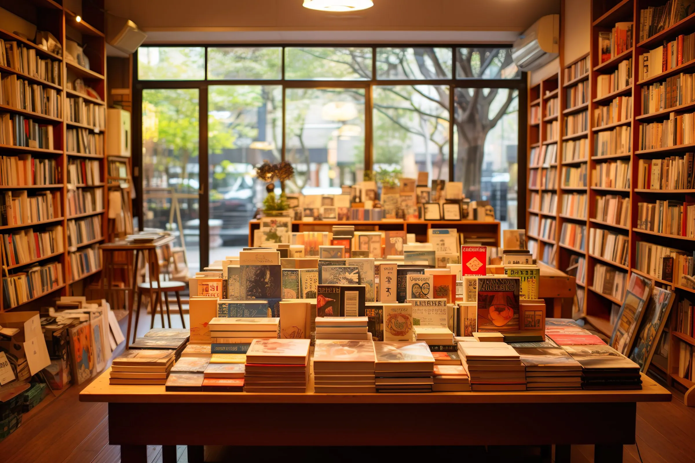 Librairie indépendante, tables de livres et rayonnages en bois