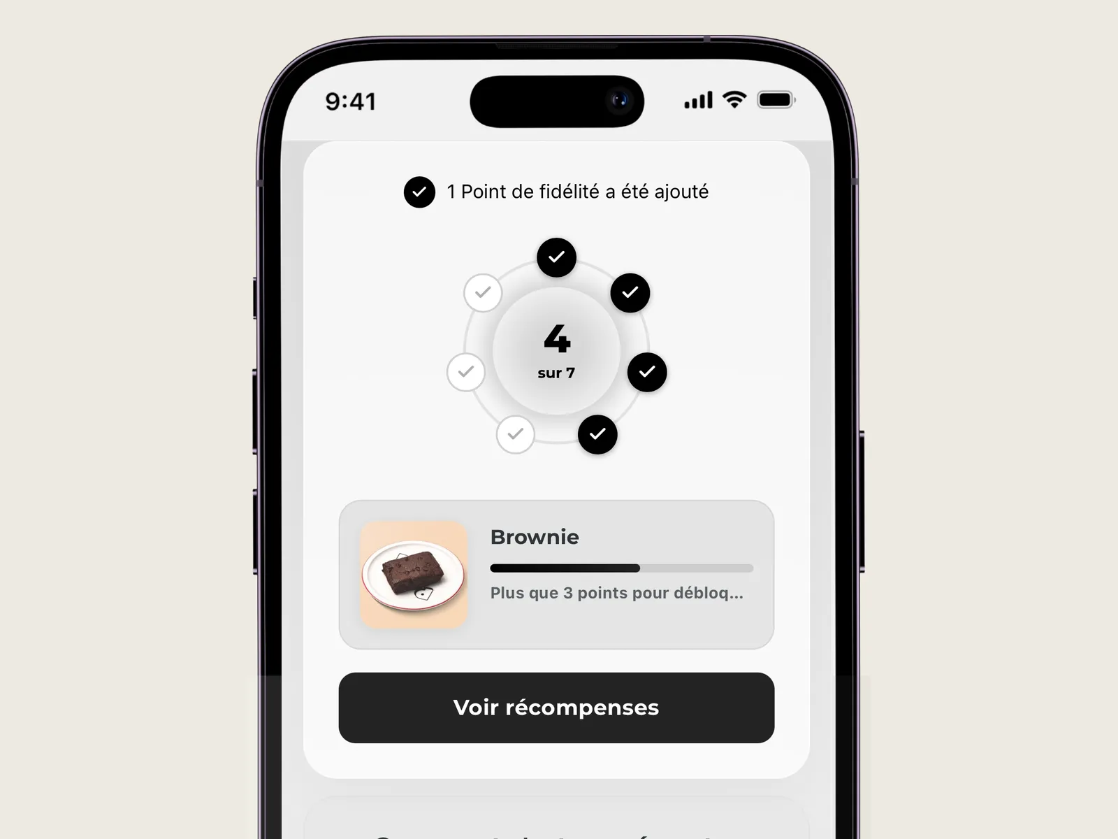 Customer screen after the scan: one point added, 4 points out of 7, the Brownie reward in sight.