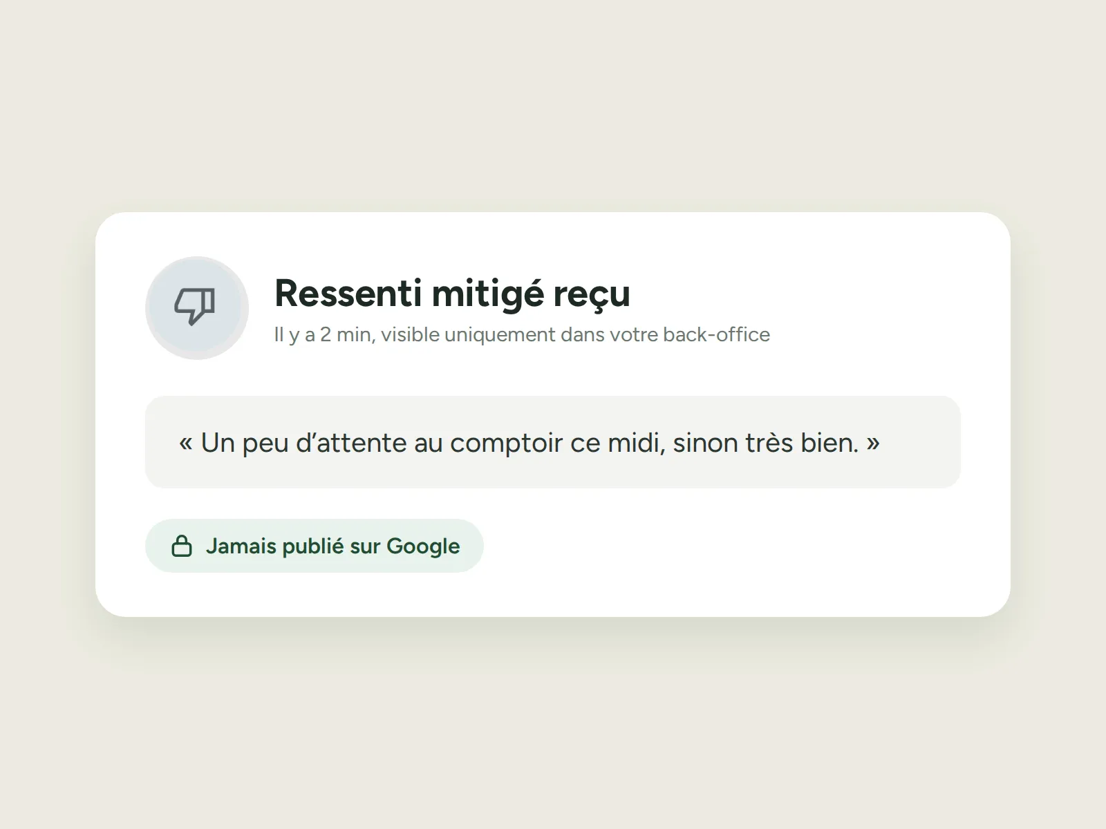 In the back office: mixed feedback received, never published on Google.